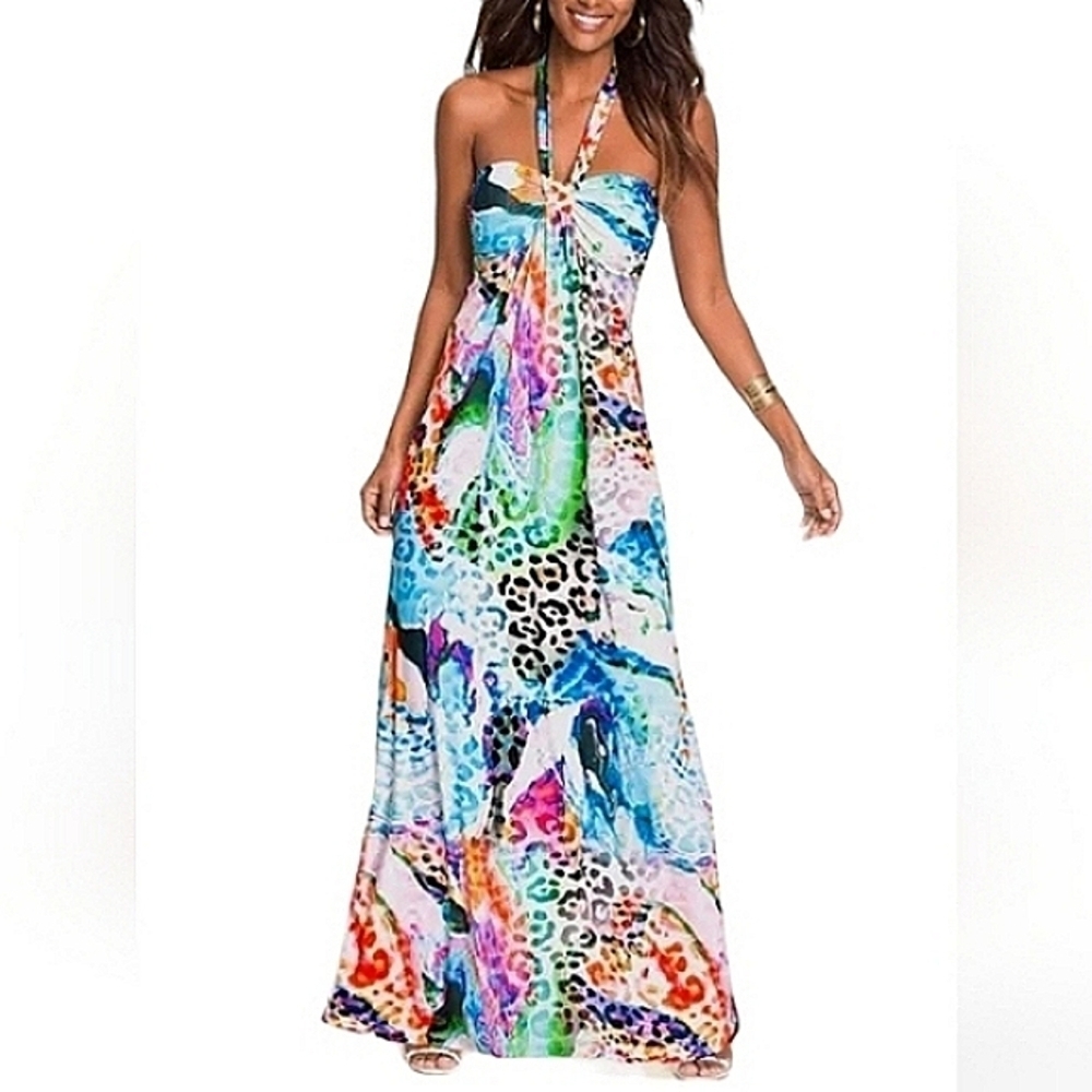 Venus Multi Colored Halter Maxi Dress, Size XS
